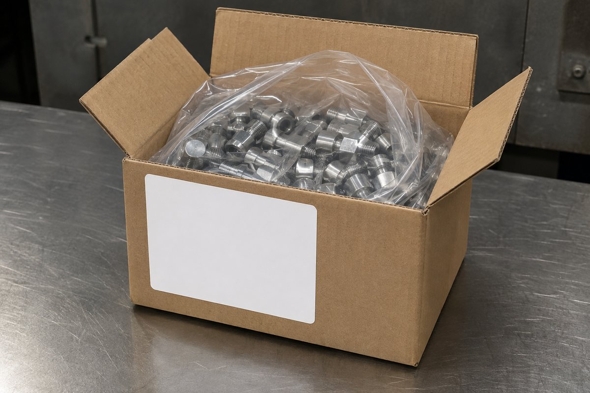 Offener brauner Karton mit unbeschrifteten Metallteilen im Klarsichtbeutel und leerem weißen Etikettenfeld