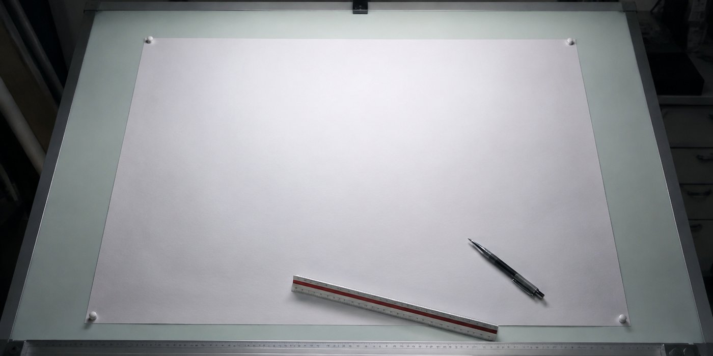 Beleuchteter Zeichentisch mit leerem Transparentpapier, Maßstab und Druckbleistift